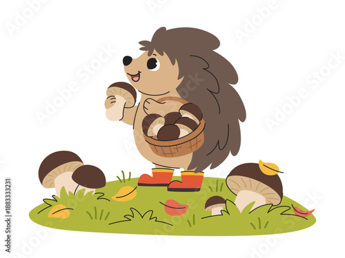 Cute autumn hedgehog in rubber boots collects mushrooms in a basket. Autumn forest character for children. Vector illustration.