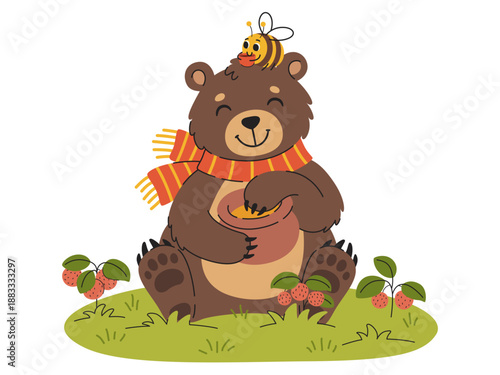 Cute autumn forest illustration for children. Cartoon bear in a scarf eats honey from a pot, and a bee on his head drinks tea. Forest characters in a strawberry meadow. Vector illustration.