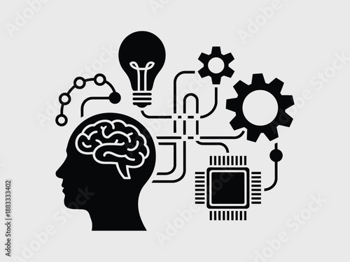 Human mind and technology connection isolated on white background, Vector, illustration