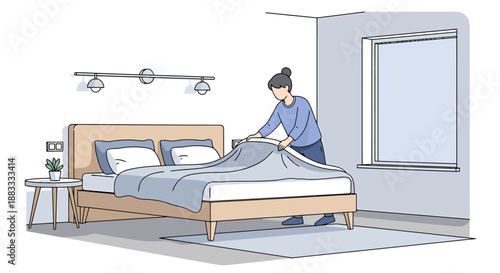 Bedroom interior scene with a person making a double bed with pillows and a blanket next to a side table and window