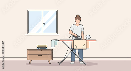 Woman Ironing Clothes on Board in Room with Window and Furniture for Household Chores and Domestic Work Concepts