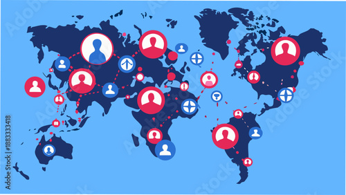 world map illustration with stylized user icons representing global connectivity