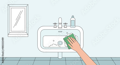 Caring for bathroom environment a clean sink with sponge and cleaner and reflection in mirror illustrating hygiene routine for healthy living space