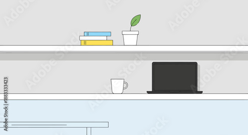 Minimalist Home Office Setup With Books Laptop And Coffee Mug On Shelves And Desk Creating A Clean Workspace Atmosphere