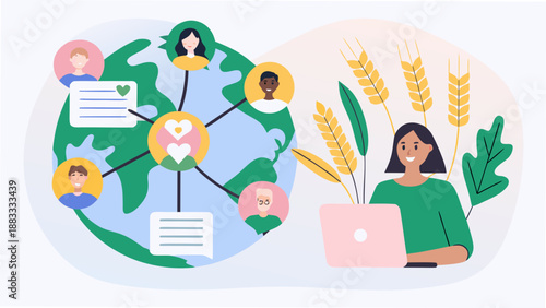 global connection illustration featuring diverse faces earth and digital communication