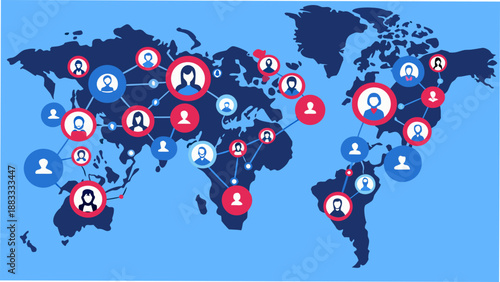 a world map illustration depicting interconnected people and global network connections