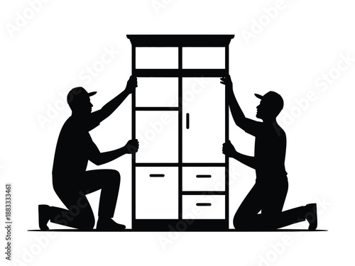 Two workers assembling furniture isolated on white background, Vector, illustration