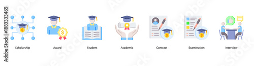 Academic Excellence web banner icon vector illustration featuring Scholarship, Award, Student, Academic, Contract, Examination, and Interview.