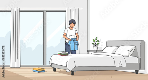Person organizing clothes for laundry in a modern bedroom with a cleaning robot on the floor near a large window view