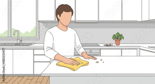 Person wiping down a modern kitchen counter with a yellow cloth creating a clean living space activity