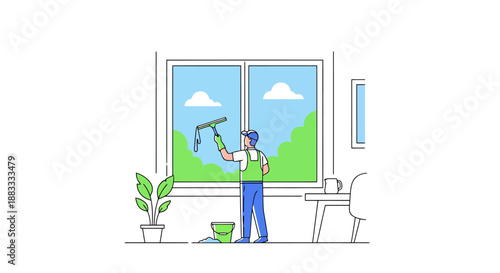 Professional Cleaner Using Squeegee To Wash Residential Window With Outside Green Trees And Blue Sky View
