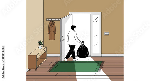 Man carrying heavy dark bag out of home entrance through doorway with coat hanging hook and cabinet inside hall interior on sunny day