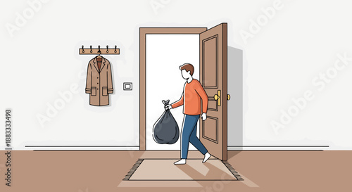 Man Carries Black Garbage Bag Out Open Doorway of Residential Home After Cleaning Household Chores