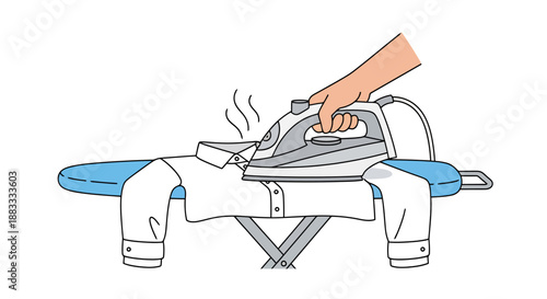 Person pressing a white collared garment on a padded board with a steaming appliance for wrinkle removal creating household chore scene