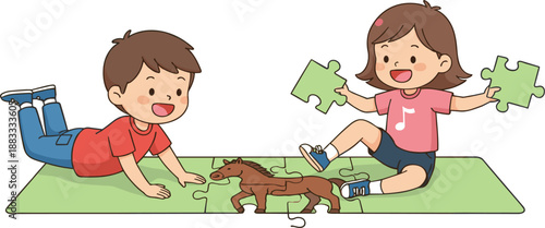 Cute Kids Playing Puzzle Game Together Illustration with Boy and Girl Learning Activity Flat Vector