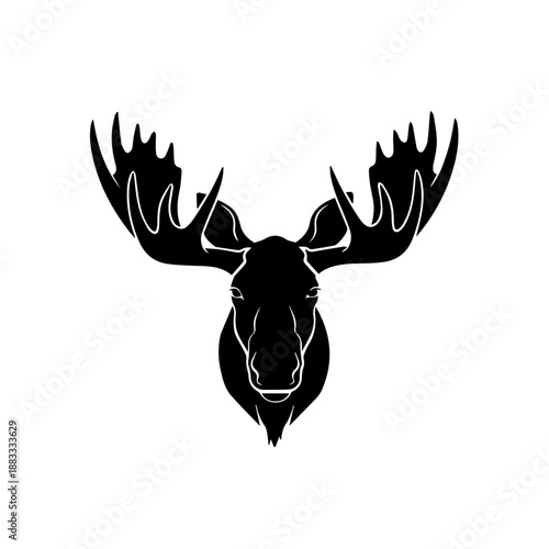 A striking black and white silhouette of a moose head with large antlers.