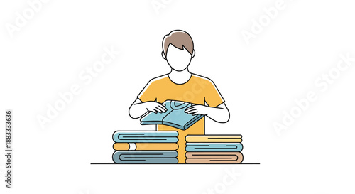 Person folding clean clothing neatly into organized stacks for laundry care and household chores routine