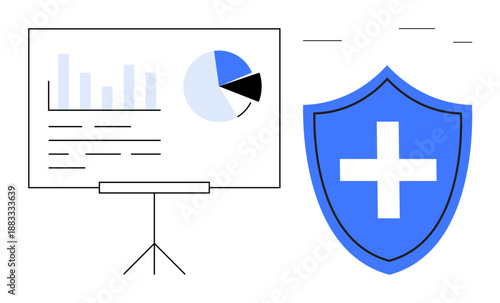 Data security, analytics, risk assessment, information protection, healthcare, statistics. Graph with bar chart and pie chart next to a shield. Data security and analytics concepts