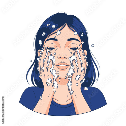 Woman washing face with soap, enjoying the cleansing and skincare routine.