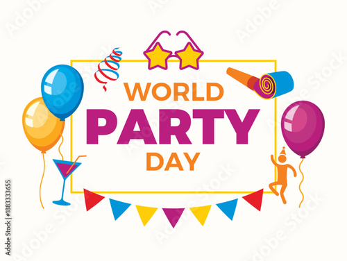 World Party Day poster with party tools vector illustration. Party colors icon set. Celebration and party symbols. Template for background, banner, card. April 3 every year. Important day