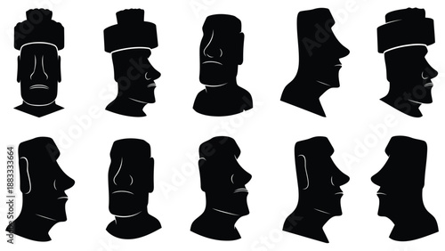 Collection of Moai statue silhouettes in various profiles isolated on white background
