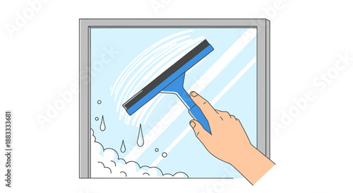 Hand holding squeegee cleaning window with soap bubbles and water drops creating streak free shine for sparkle clear glass surface