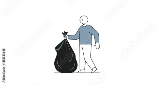 Person carrying a full black garbage bag for waste disposal and recycling on a white background represents a clean up effort