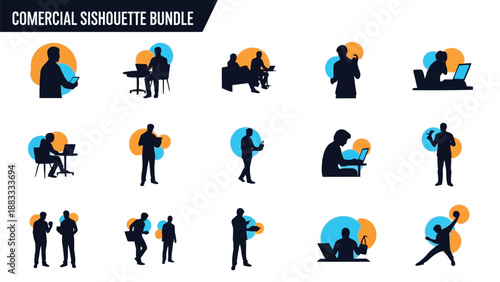 Commercial silhouette bundle of business people in various professional settings and actions isolated on white background