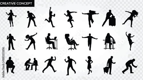 Collection of black human silhouettes in various poses isolated on white background