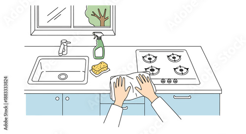 Woman cleaning kitchen countertop and stove with cloth and spray bottle for hygiene and home sanitation