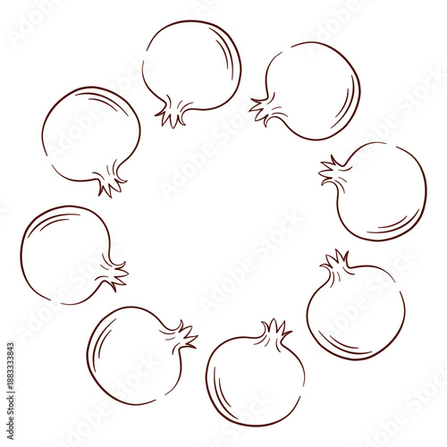 Pomegranate fruit wreath in line art style. Design for vegan textile isolated on white background.