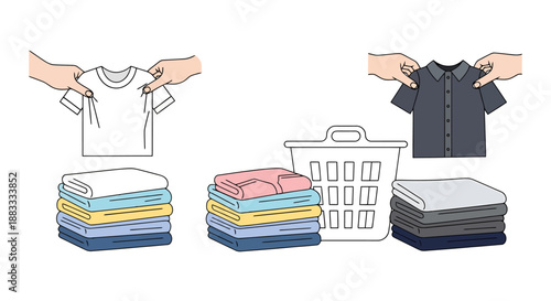 Hands folding clean laundry items and stacking folded garments next to washing basket comparison of different clothing types and piles after domestic