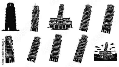 Eight black and white illustrations of the Leaning Tower of Pisa in various tilt angles and styles on a isolated on white background
