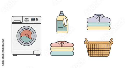 Household laundry items including a modern washing machine detergent bottle folded clothing stacks and a woven basket for chores and clean garments