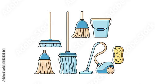 Household cleaning tools including mops brooms vacuum cleaner bucket and sponge displayed on a white background ready for tidying up chores and