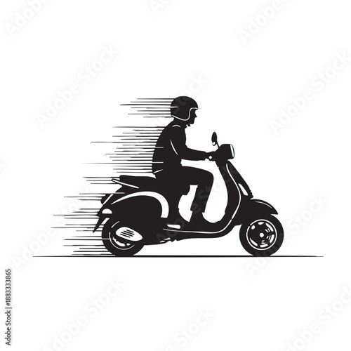Black silhouette of person riding scooter with motion lines