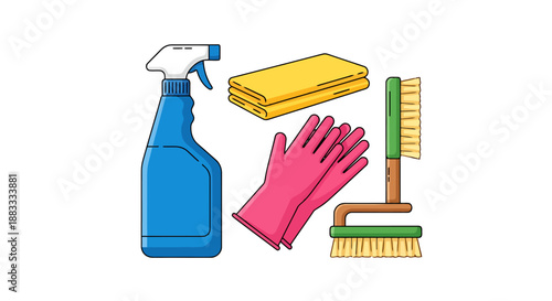 Household Cleaning Supplies Including Spray Bottle Gloves Towel and Brushes for Home Hygiene