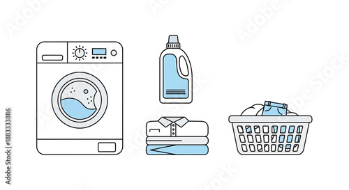 Household laundry elements for clean garment care including a front load washing machine neatly folded shirts laundry detergent and a full clothes