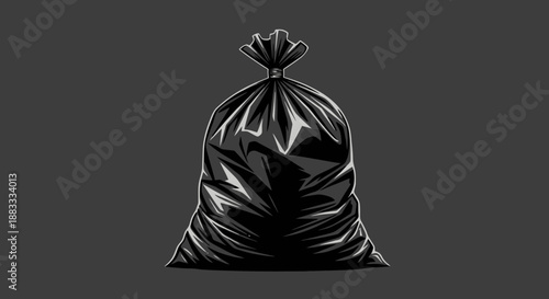 Full Black Trash Bag Sealed Tied Knot Ready For Disposal Against Dark Gray Background Simple Object Clean Style Studio Shot