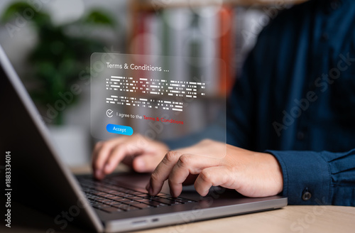 Man using a laptop with a modern glass effect UI displaying Terms and Conditions. Concept of digital legal consent, privacy policy, and user agreement for secure online services and software.