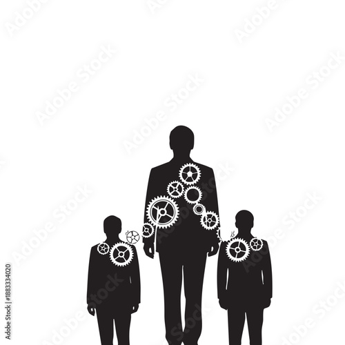 Black silhouettes of a man and two children with mechanical gears on their chests family