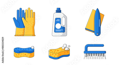 Essential Home Cleaning Tools Including Rubber Gloves Bottle of Detergent Sponges and Brush for Household Chores