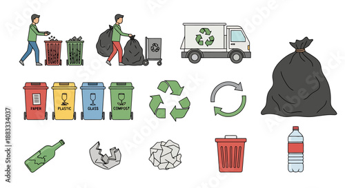 Recycling collection process icons showing separate waste bins transport truck and various discarded materials for environmental conservation