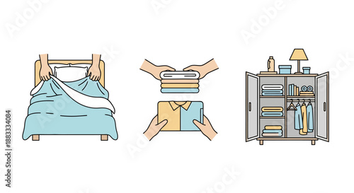Household Tasks Routine Showing Bed Making Folding Clothes and Organizing Wardrobe Collection Of Icons Clipart Style For Organization And Cleaning
