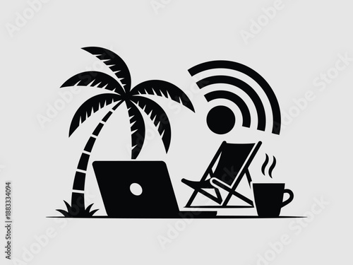 Working remotely from a tropical paradise isolated on white background, Vector, illustration