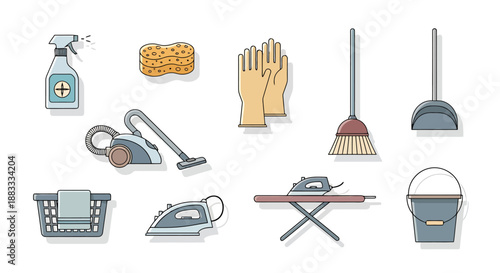 Collection Of Household Cleaning Tools And Supplies Including Spray Bottle Sponge Gloves Vacuum Broom Dustpan Ironing Board And Bucket For Home Care