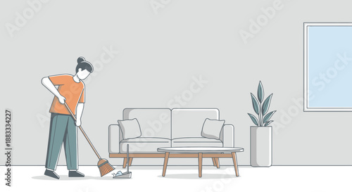 Person sweeping floor in modern living room with sofa coffee table and plant for housekeeping and home maintenance concept