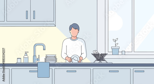 Man Washing Dishes In A Modern Kitchen With Natural Light Streaming Through A Large Window Into A Clean Home Environment