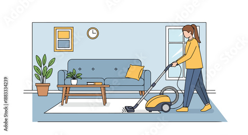 Woman cleaning living room carpet with vacuum cleaner domestic housekeeping service and home maintenance concept