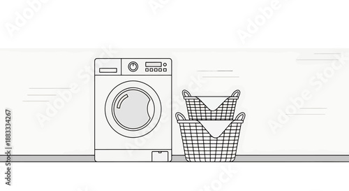 Modern Laundry Room Appliance With Woven Hampers Filled With Clean Clothes Ready For Folding And Organizing Household Chores